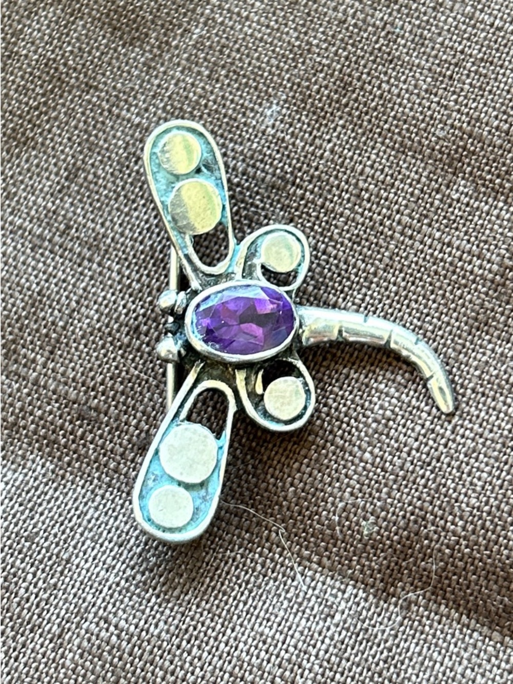 Sterling silver Dragonfly Pin Brooch with amethyst gem stone